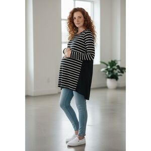 Tutta Bella Maternity XL Striped Mixed Media High Low Tunic Top Black